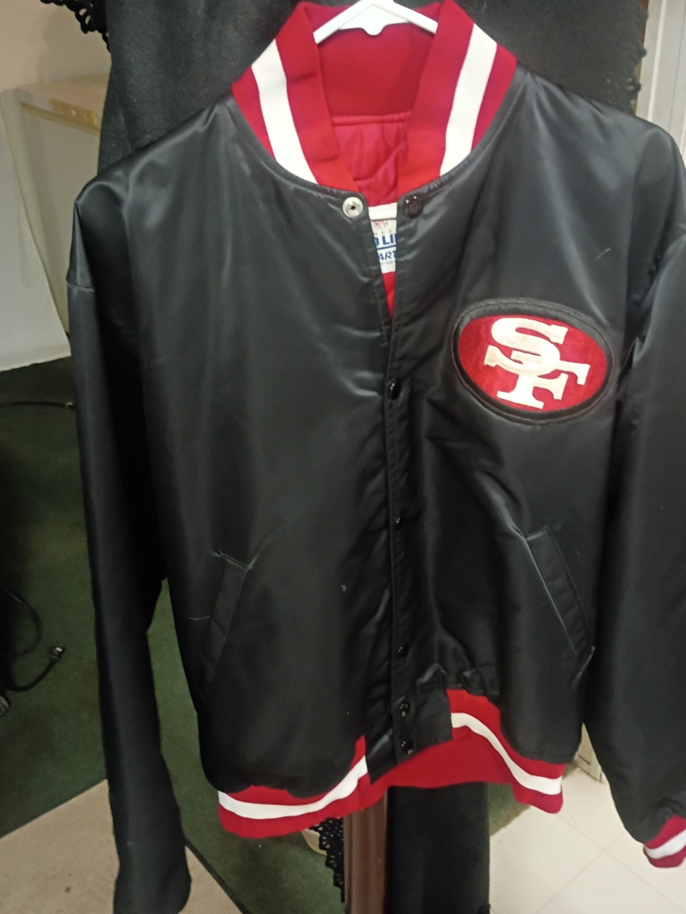 VINTAGE 80s San Francisco 49ers Starter Black Satin Bomber Jacket Pro Line L